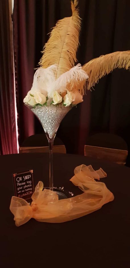Feather and Flower Rose Martini Glass Centrepiece Hire Hertfordshire