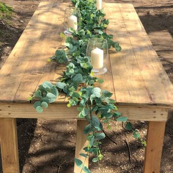 Artificial Eucalyptus Table Runner Vintage Wooden Trestle Table Hire Hertfordshire