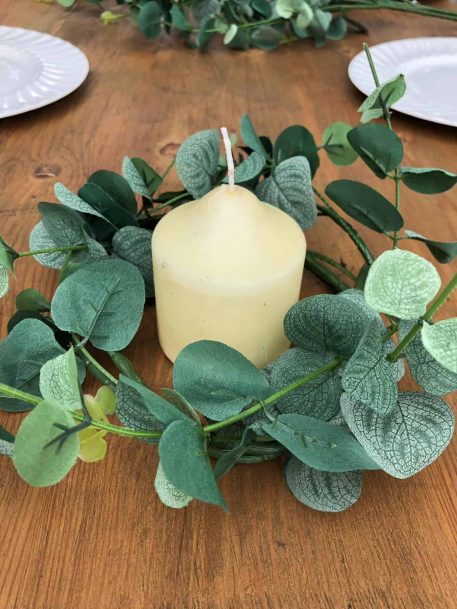 Small Eucalyptus Wreath Pilar Candle Table Centre Decor Hire Hertfordshire